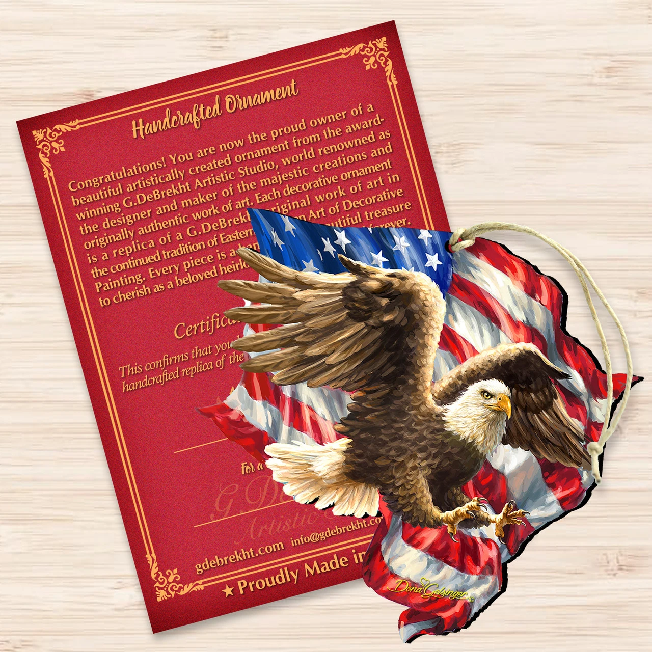 Set Of 2 American Independence Eagle Wooden Ornaments 5.5" - Image 3