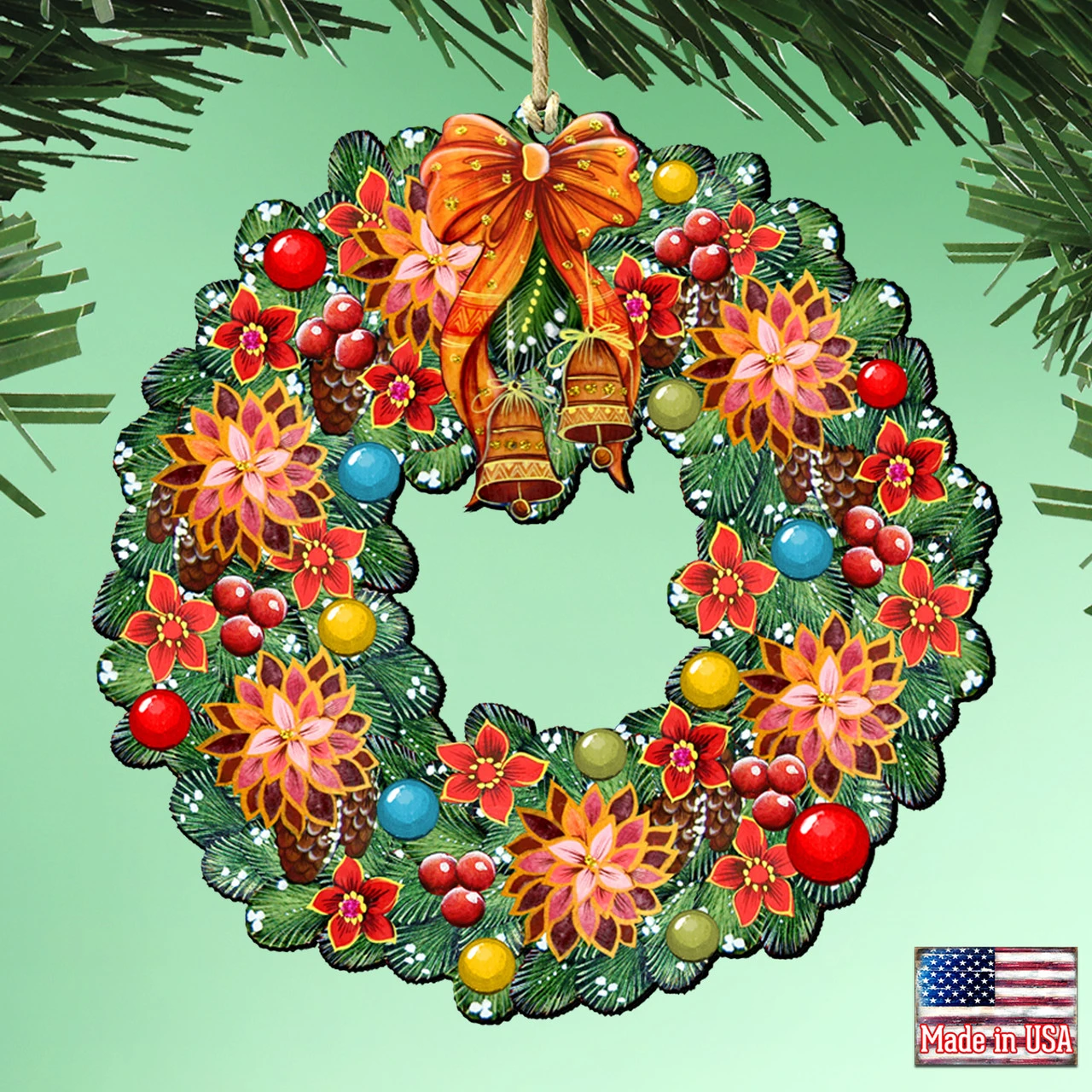 Set Of 2 Christmas Wreath Flowers Wooden Ornaments 5.5" - Image 2