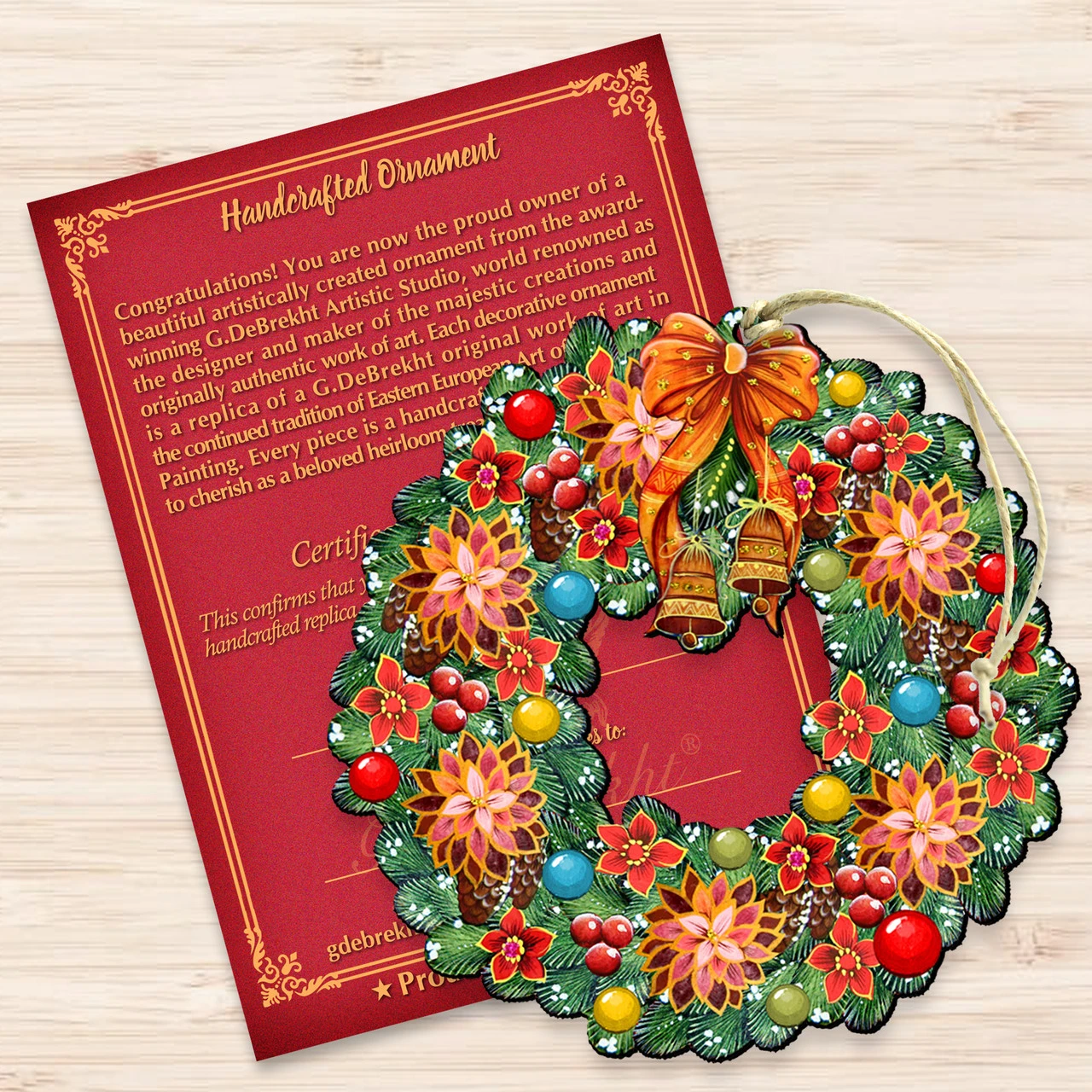 Set Of 2 Christmas Wreath Flowers Wooden Ornaments 5.5" - Image 3