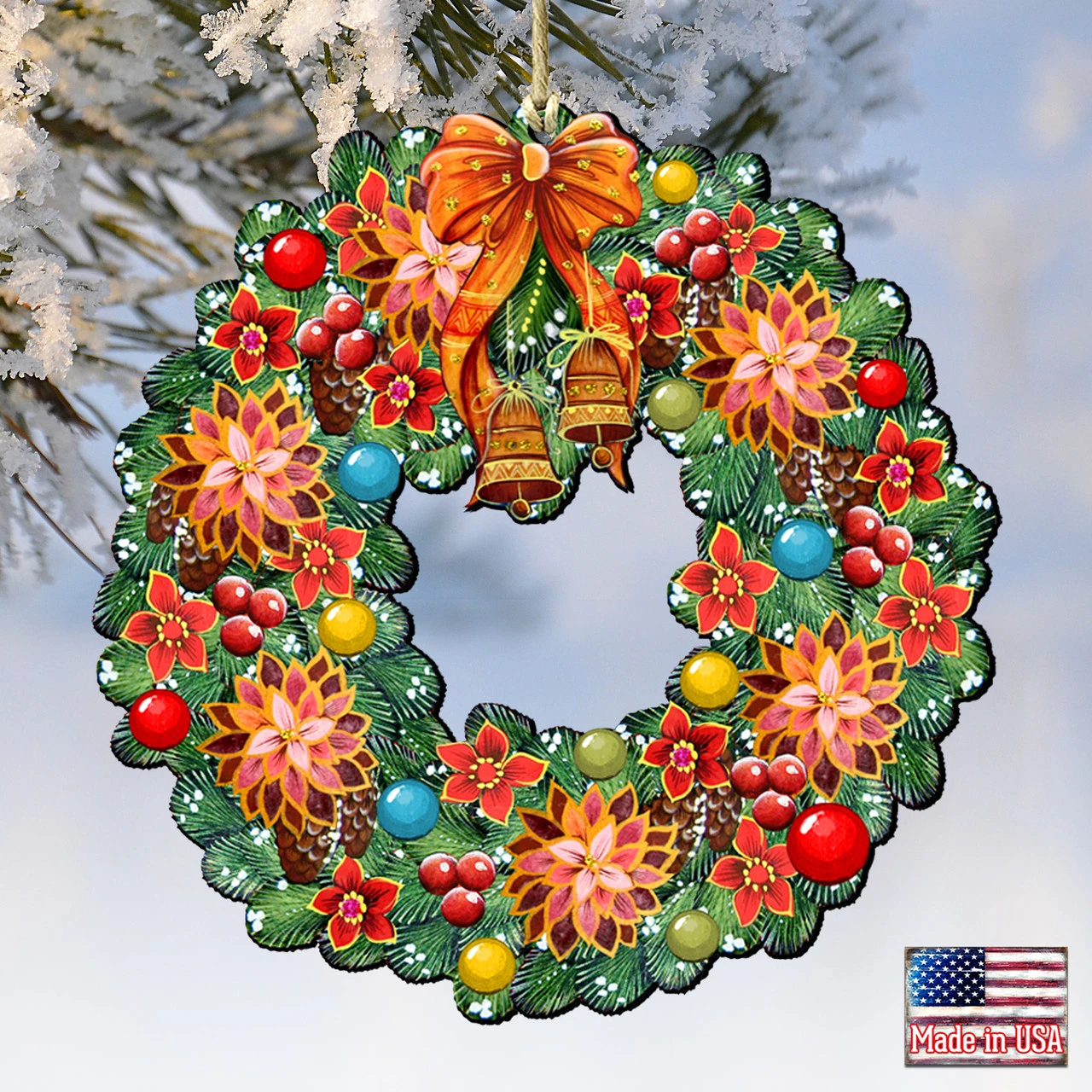 Set Of 2 Christmas Wreath Flowers Wooden Ornaments 5.5" - Image 4