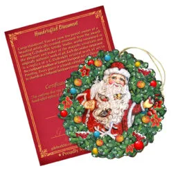 Set Of 2 Santa With Birds Wreath Wooden Christmas Ornaments 5.5"