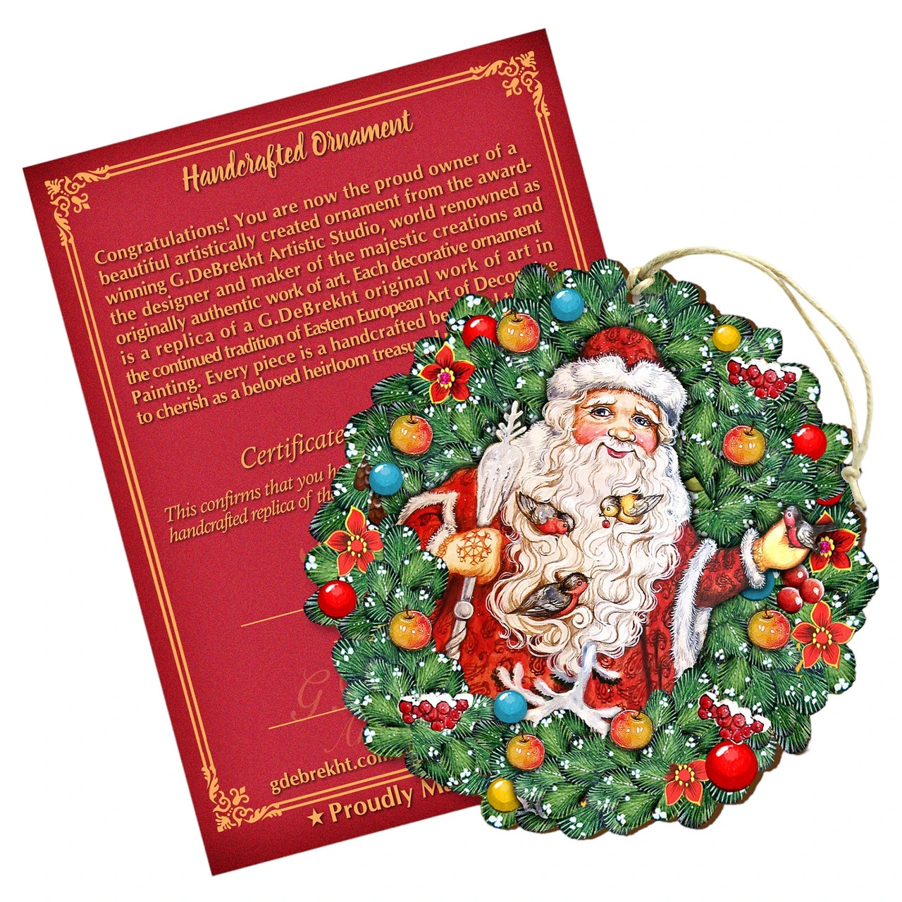 Set Of 2 Santa With Birds Wreath Wooden Christmas Ornaments 5.5"