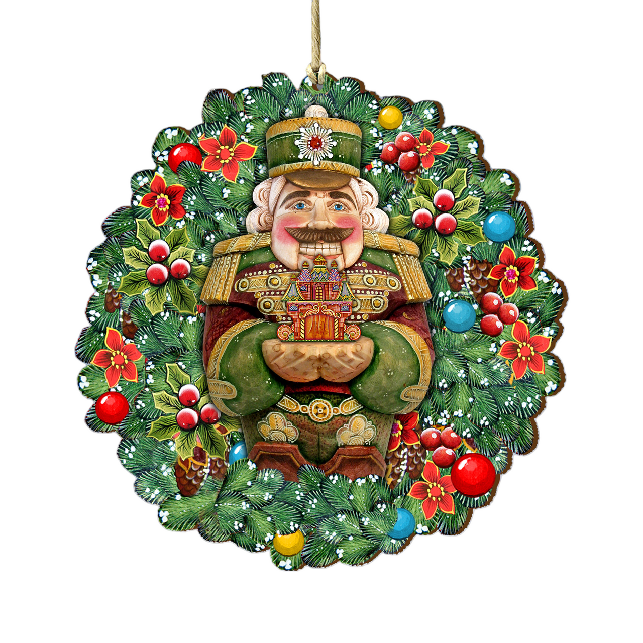 Set Of 2 Nutcracker's Gift Wreath Wooden Christmas Ornaments 5.5"