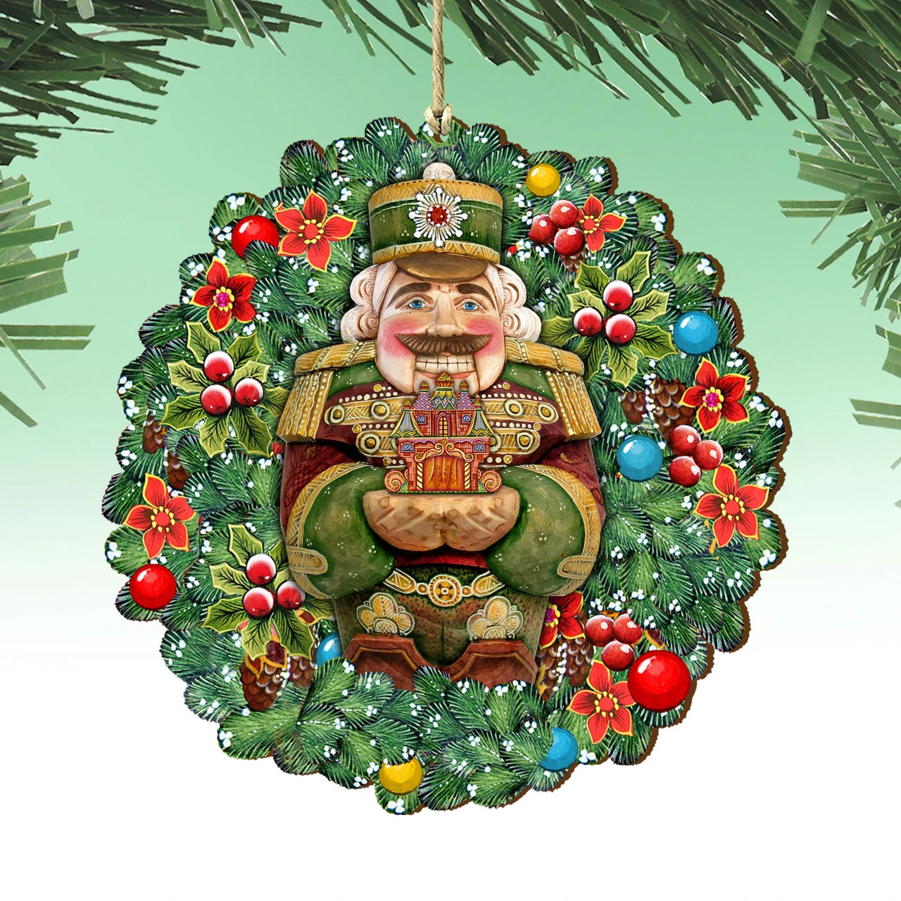 Set Of 2 Nutcracker's Gift Wreath Wooden Christmas Ornaments 5.5" - Image 4