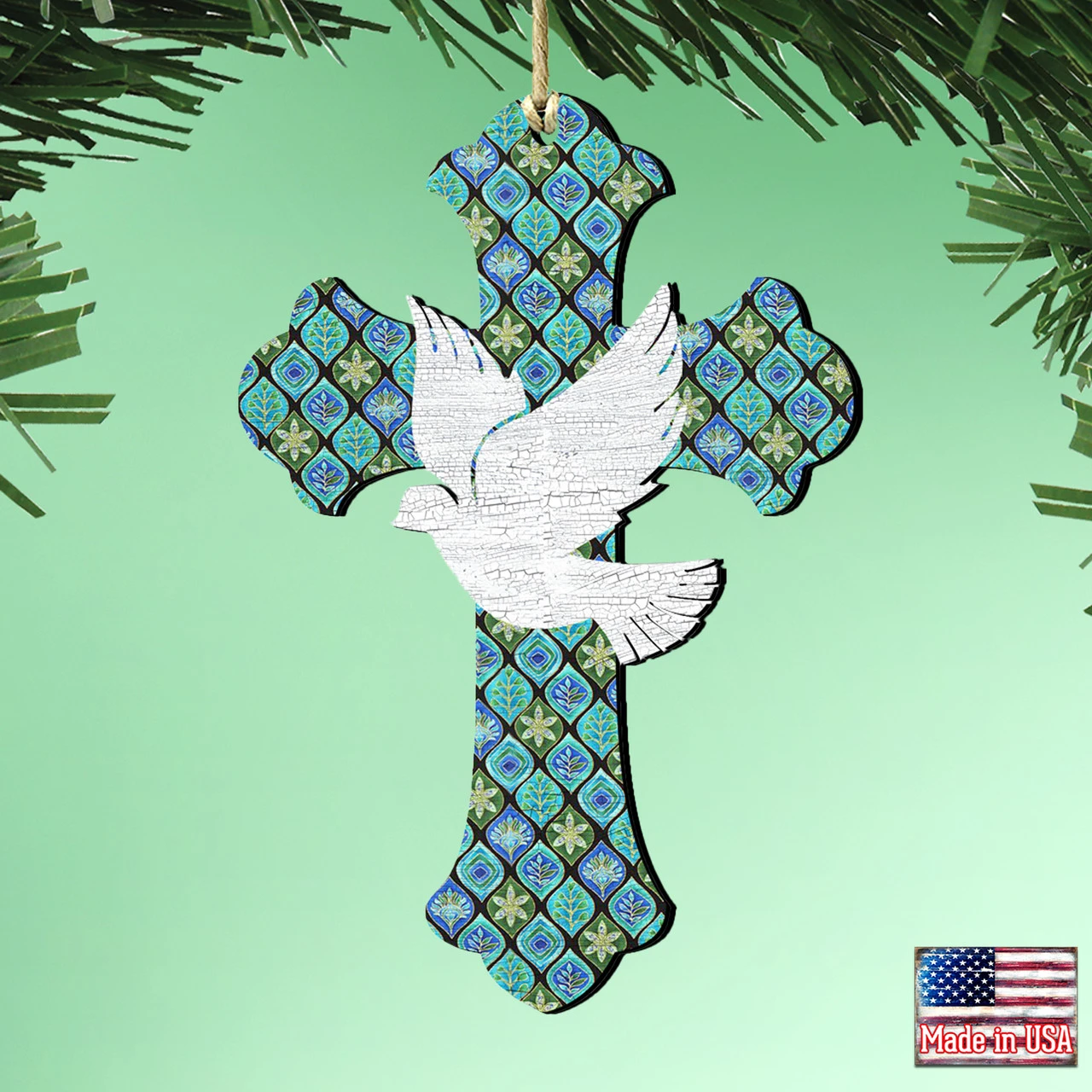 Set Of 2 Cross With White Dove Wooden Christmas Ornaments 5.5" - Image 2