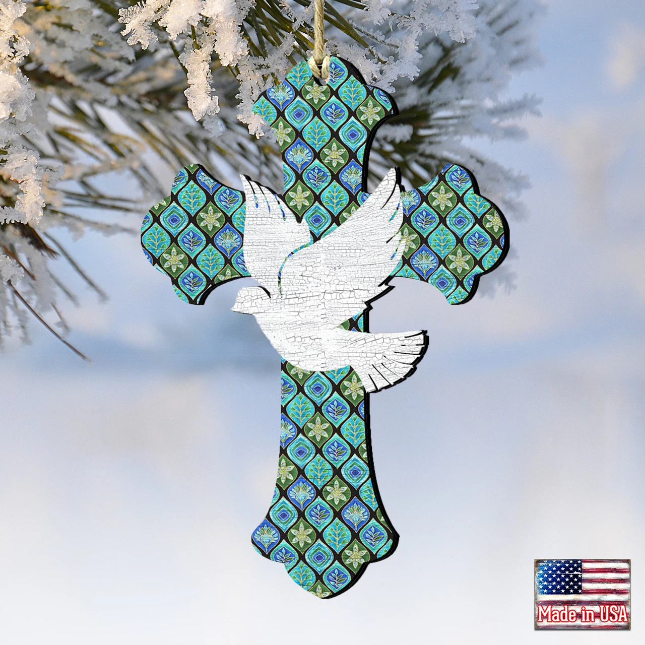 Set Of 2 Cross With White Dove Wooden Christmas Ornaments 5.5" - Image 4