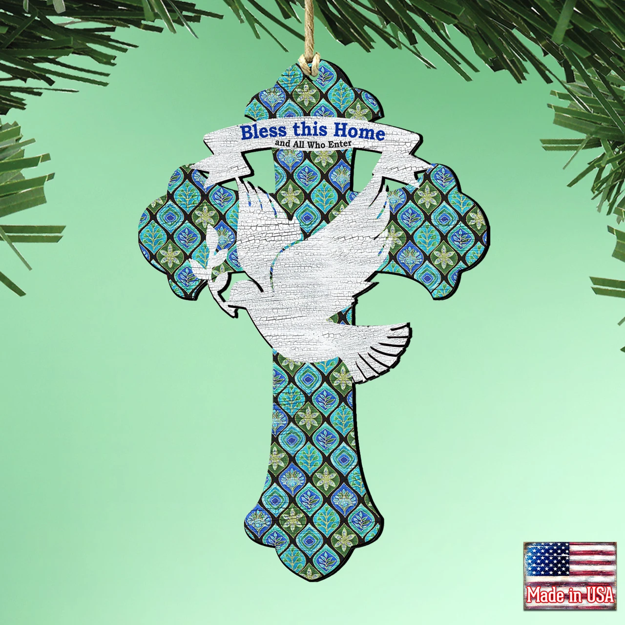 Set Of 2 Dove "Bless This Home" Cross Wooden Christmas Ornaments 5.5" - Image 2