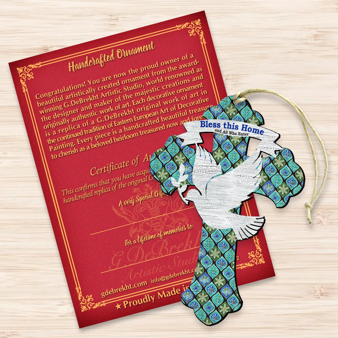 Set Of 2 Dove "Bless This Home" Cross Wooden Christmas Ornaments 5.5" - Image 3