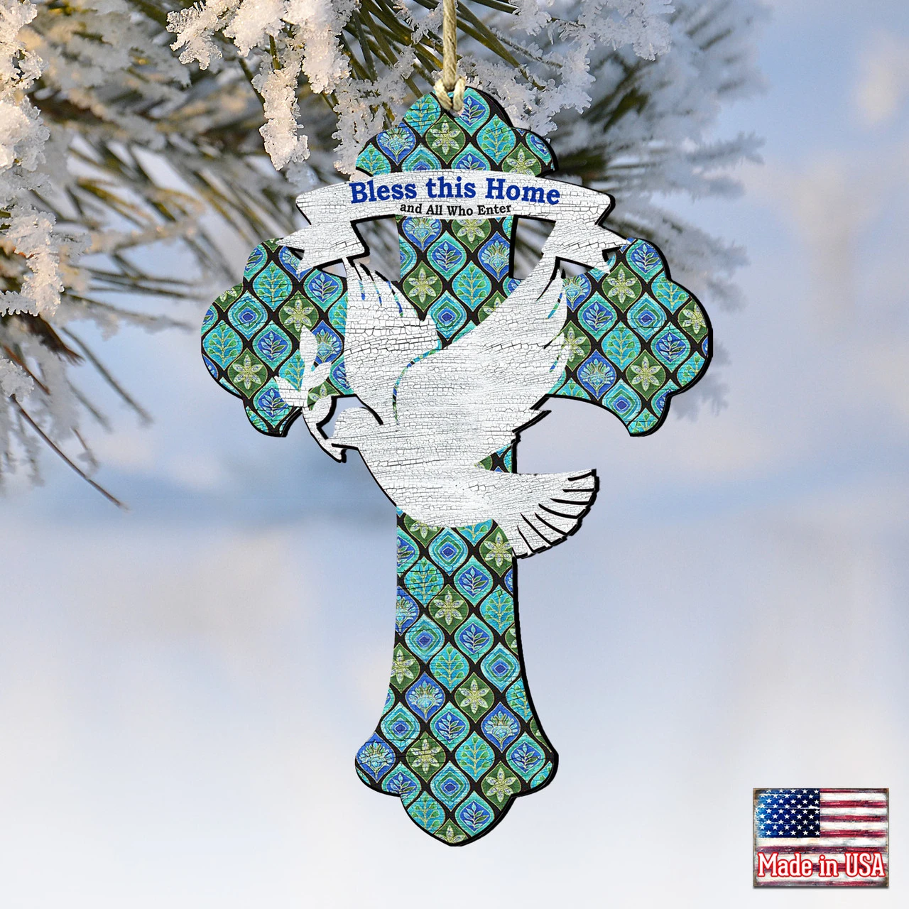 Set Of 2 Dove "Bless This Home" Cross Wooden Christmas Ornaments 5.5" - Image 4