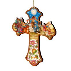 Set Of 2 Nativity Scene Cross Wooden Christmas Ornaments 5.5"