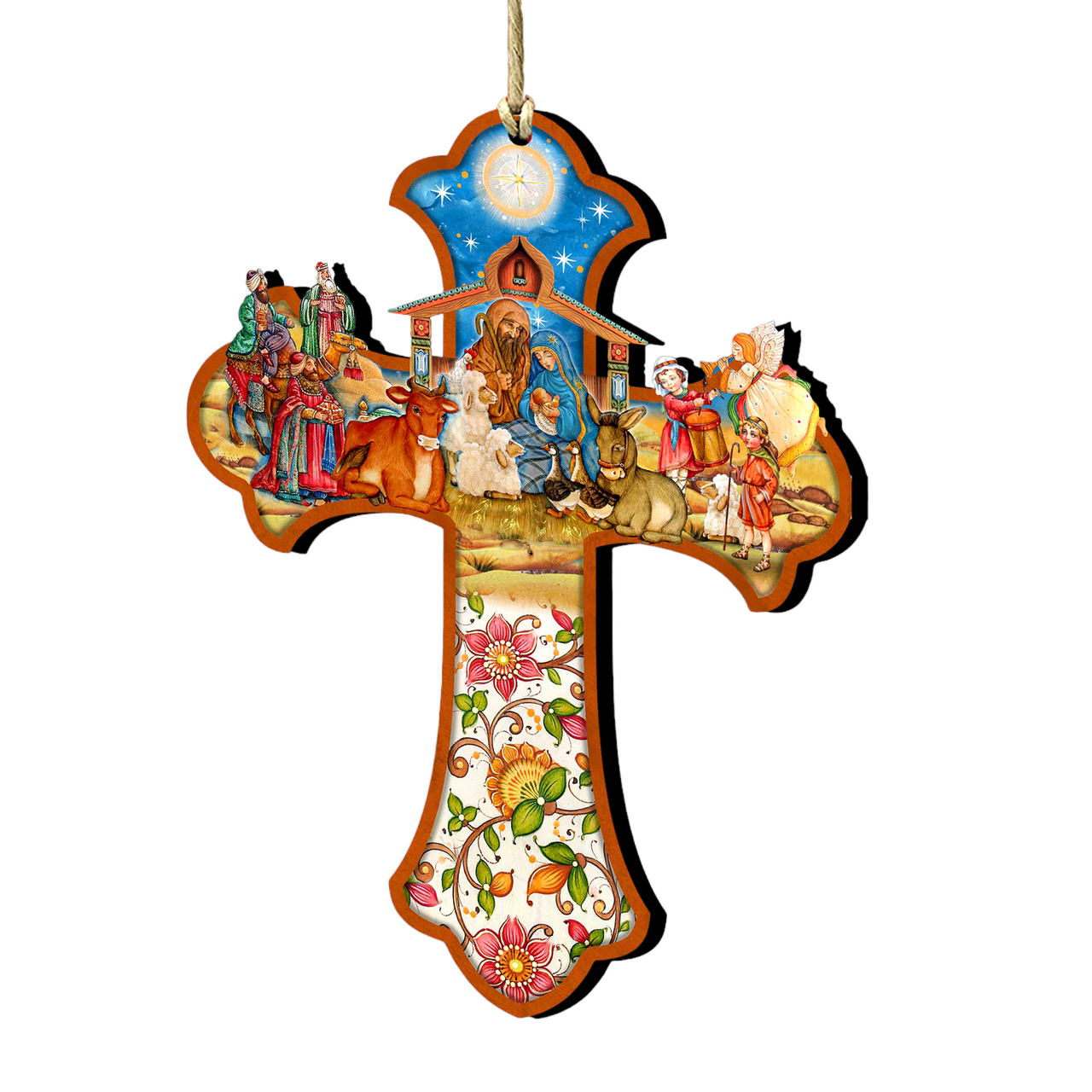 Set Of 2 Nativity Scene Cross Wooden Christmas Ornaments 5.5"