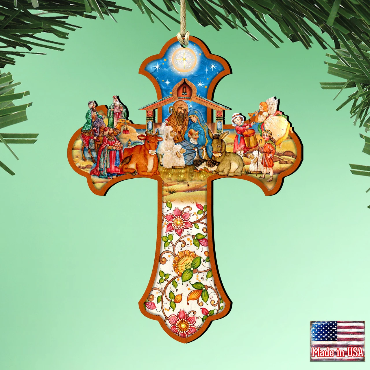 Set Of 2 Nativity Scene Cross Wooden Christmas Ornaments 5.5" - Image 2