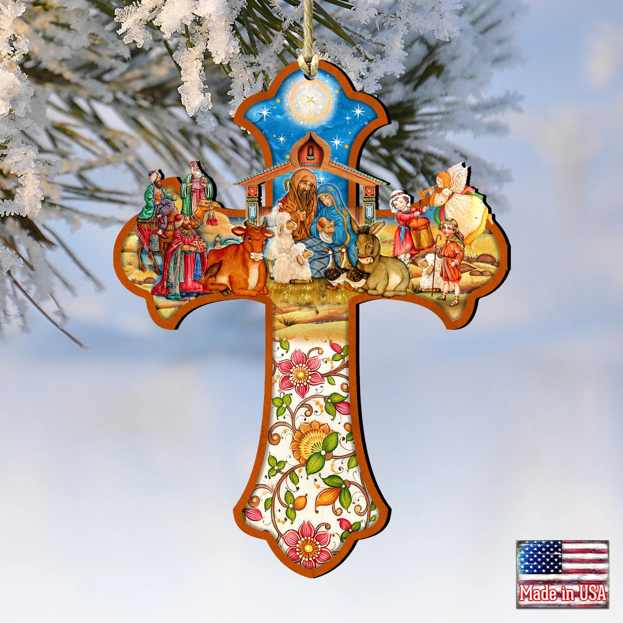 Set Of 2 Nativity Scene Cross Wooden Christmas Ornaments 5.5" - Image 4