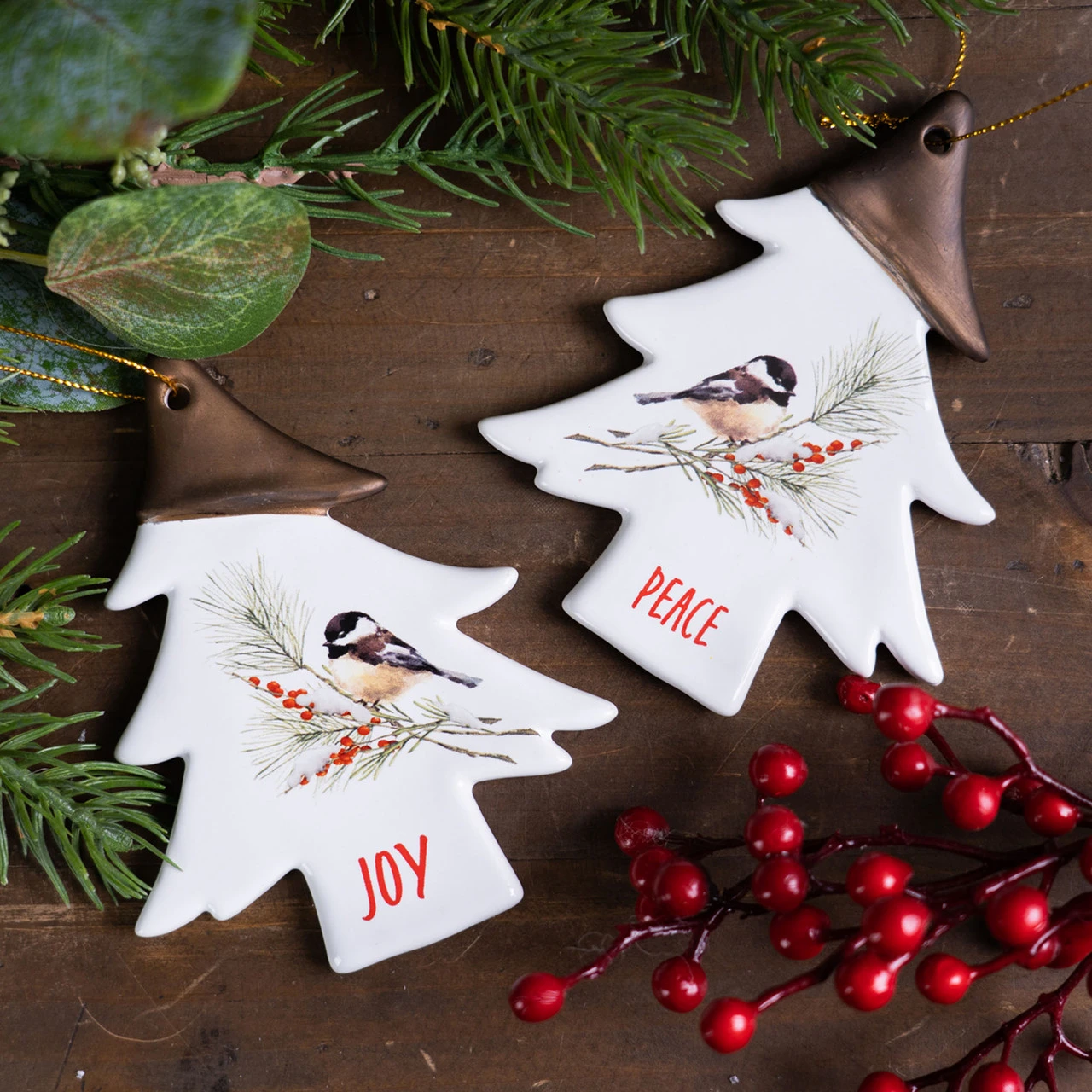 Set Of 12 White And Brown Clay Chickadee Tree "Joy" And "Peace" Christmas Ornament 4.75" - Image 2