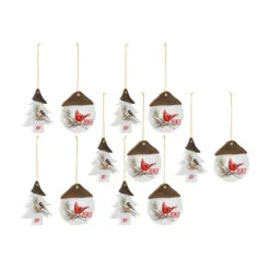 Set Of 12 White And Brown Clay Chickadee Tree "Joy" And "Peace" Christmas Ornament 4.75"