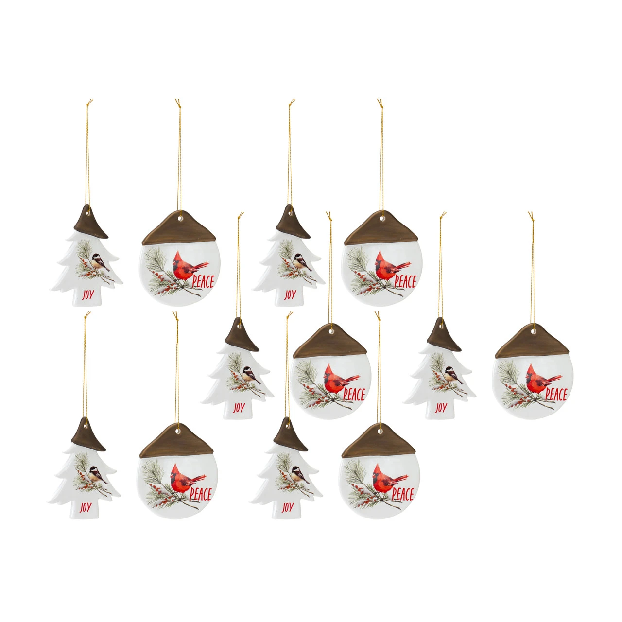 Set Of 12 White And Brown Clay Chickadee Tree "Joy" And "Peace" Christmas Ornament 4.75"