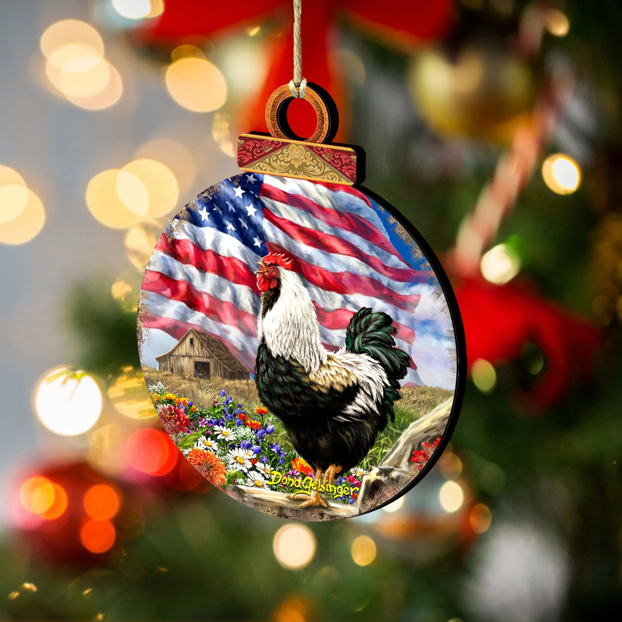Set Of 2 Rooster American Flag Wooden Christmas Ornaments 5.5" - Image 2