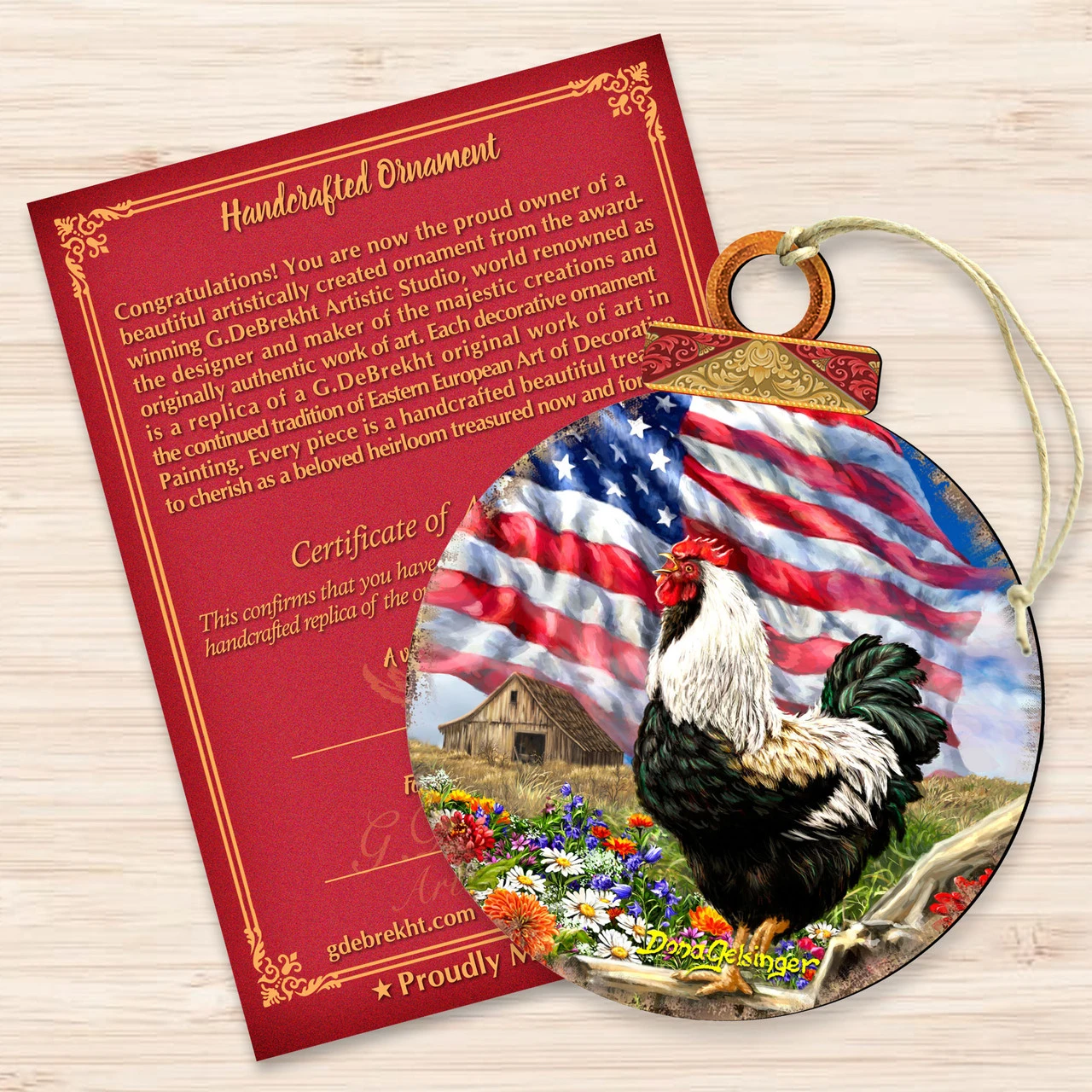 Set Of 2 Rooster American Flag Wooden Christmas Ornaments 5.5" - Image 3