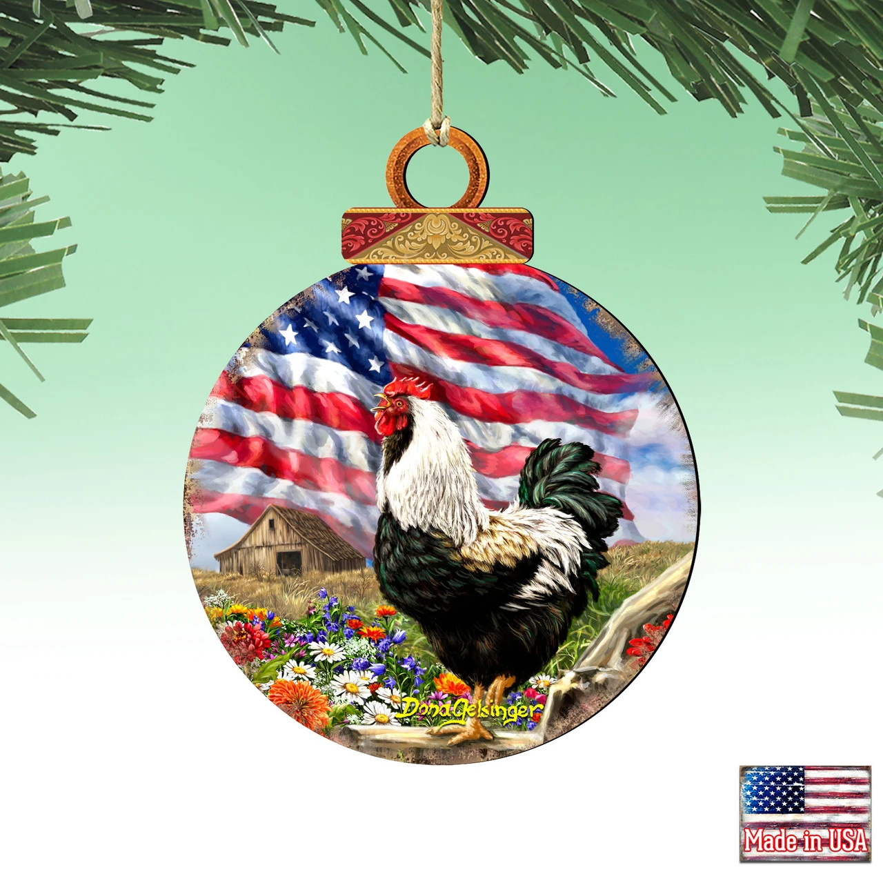 Set Of 2 Rooster American Flag Wooden Christmas Ornaments 5.5" - Image 4