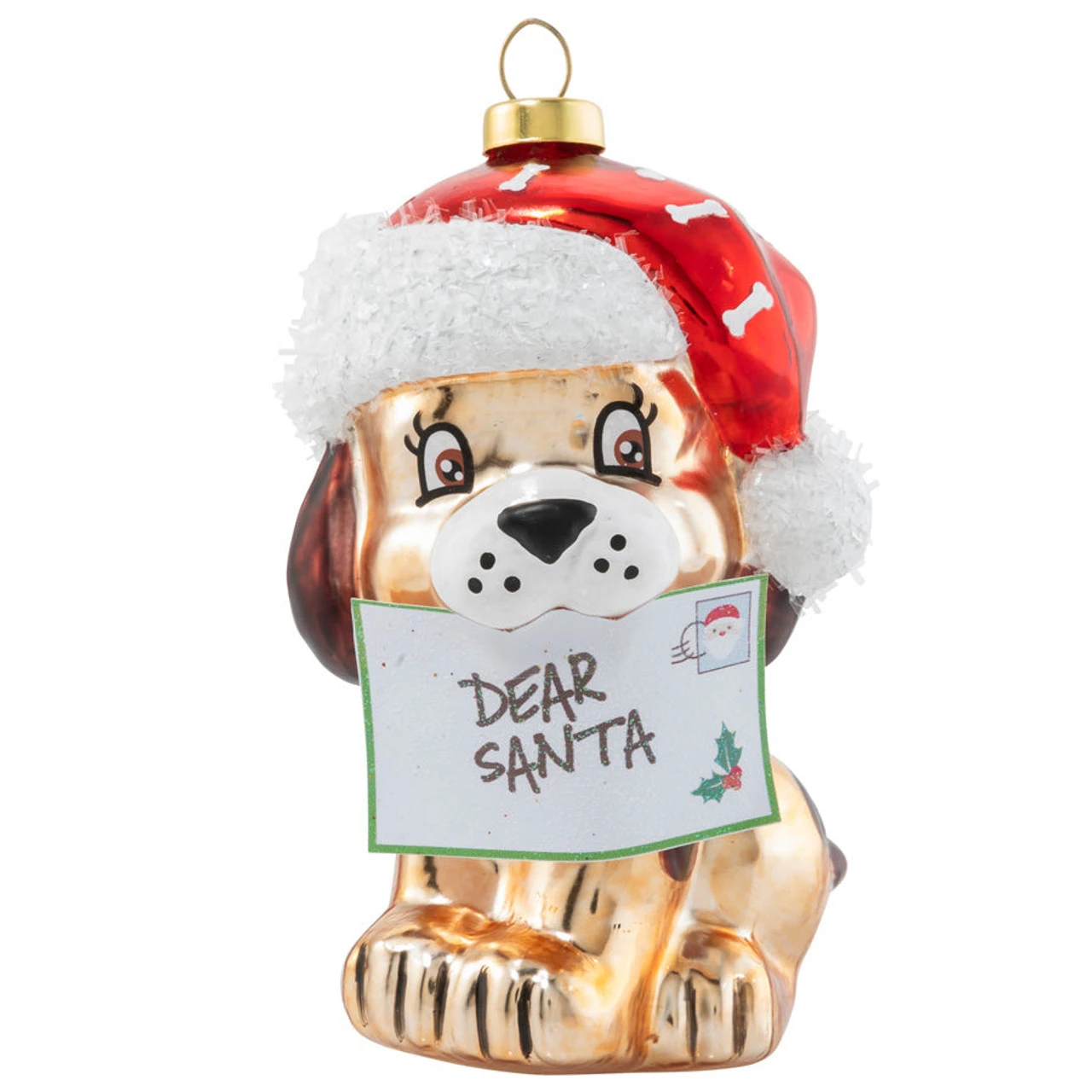 4.5" Gold Puppy Post With Santa Hat Christmas Ornament