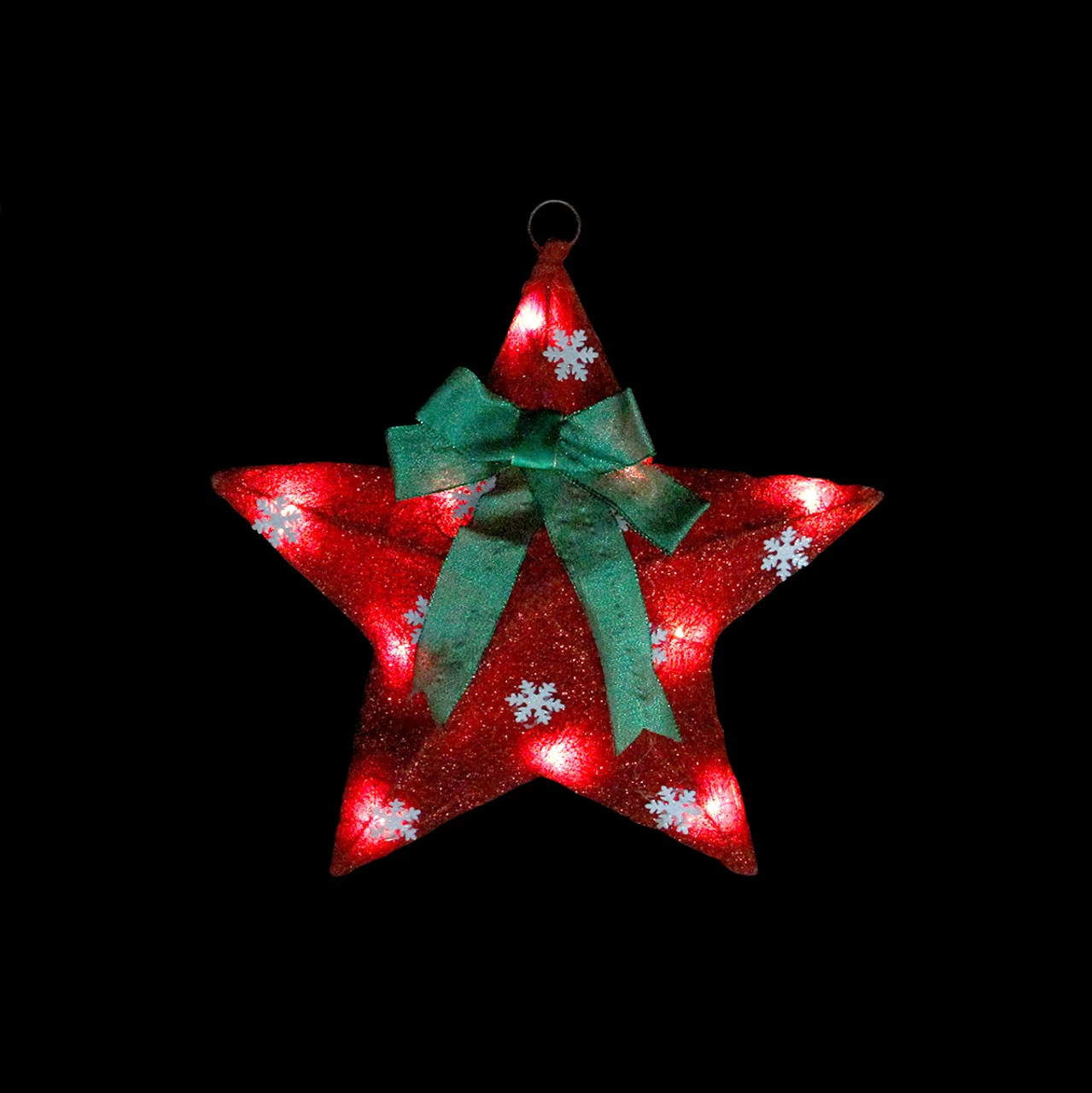 17" Pre-Lit Green And Red Hanging Christmas Star Window Decor With Bow - Image 2