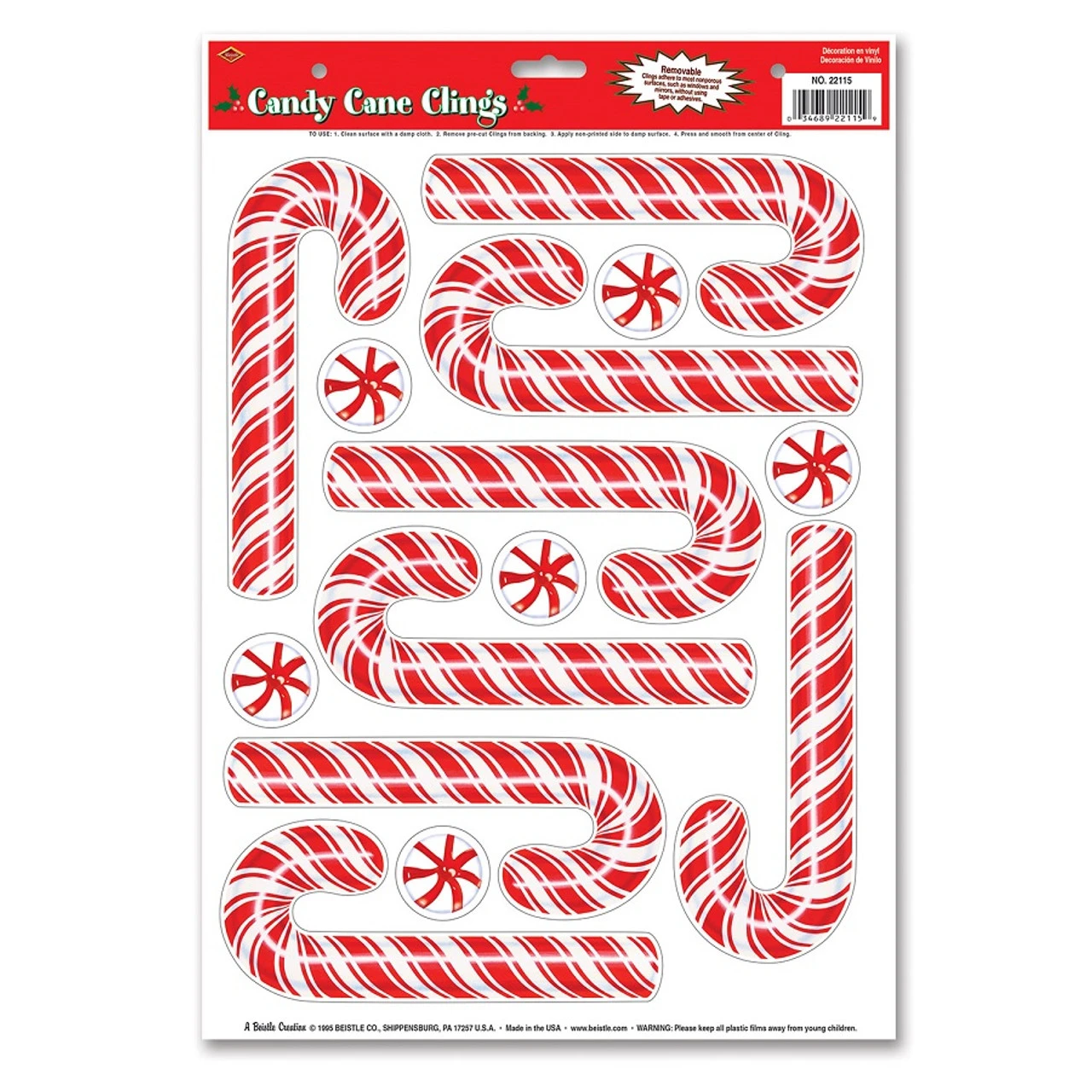 Club Pack Of 168 Candy Cane And Peppermint Candy Window Clings Christmas Decorations 17"