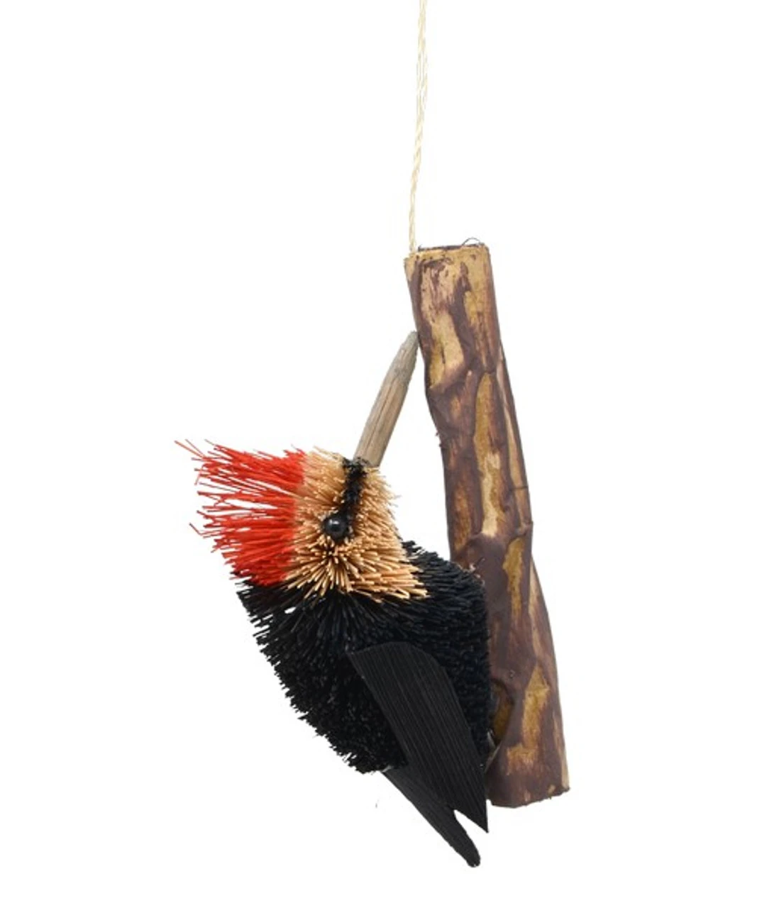 5” Black And Red Whimsical Bristle Brush Handcrafted Woodpecker Hanging Ornament
