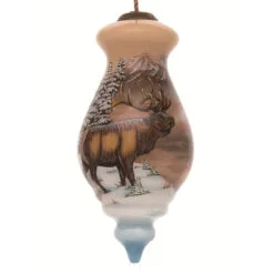 6” Brown And White Elk By Cabin Hand Painted Mouth Blown Glass Hanging Christmas Ornament