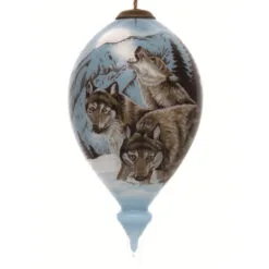 6” Blue And Brown Wolves Hand Painted Mouth Blown Glass Hanging Christmas Ornament