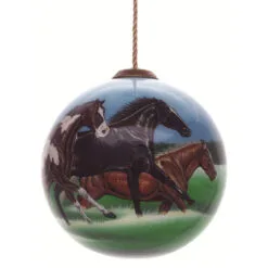 4” Black And Brown Horse Power Hand Painted Mouth Blown Glass Hanging Christmas Ornament