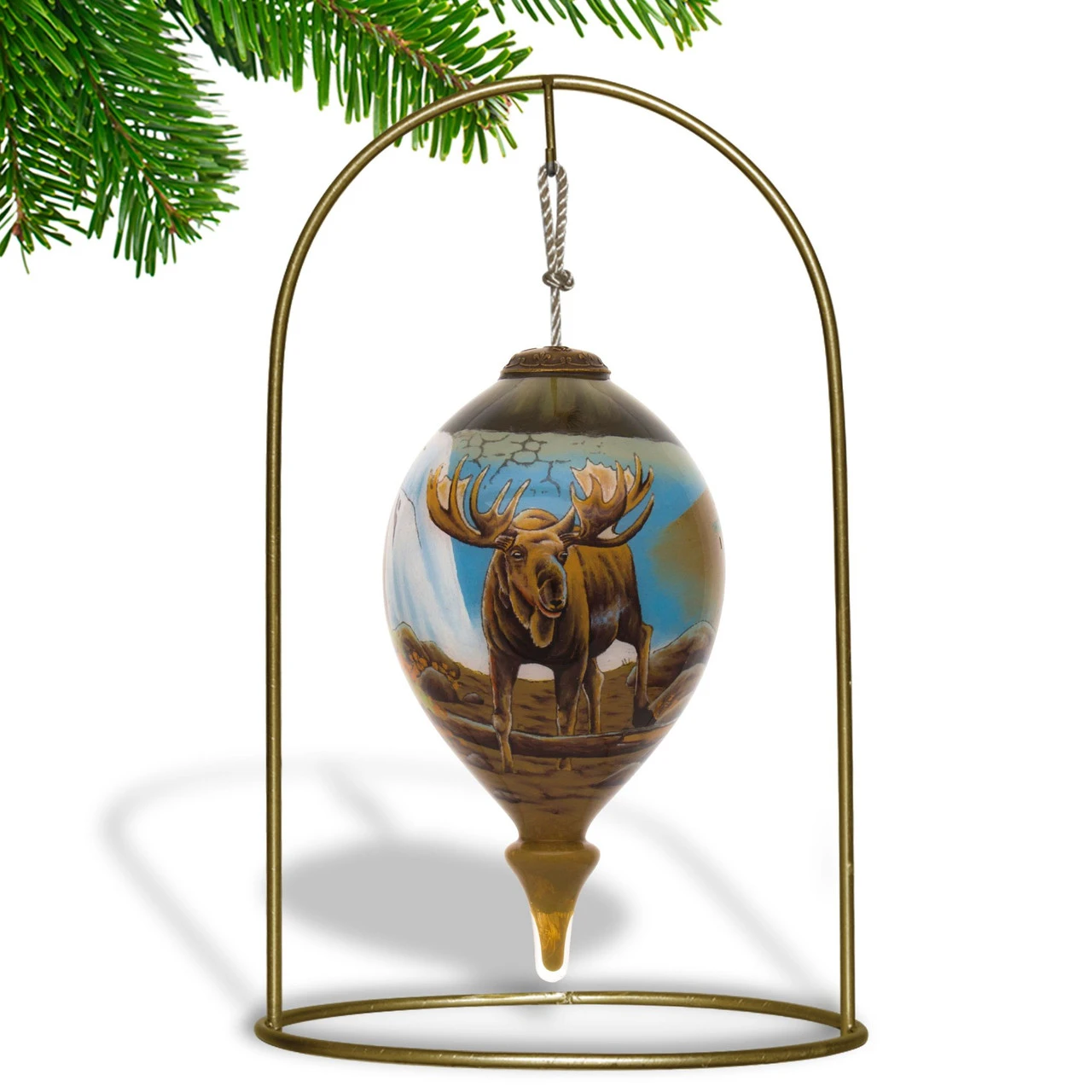 4.75” Brown And Blue Moose Hand Painted Mouth Blown Glass Hanging Christmas Ornament - Image 3