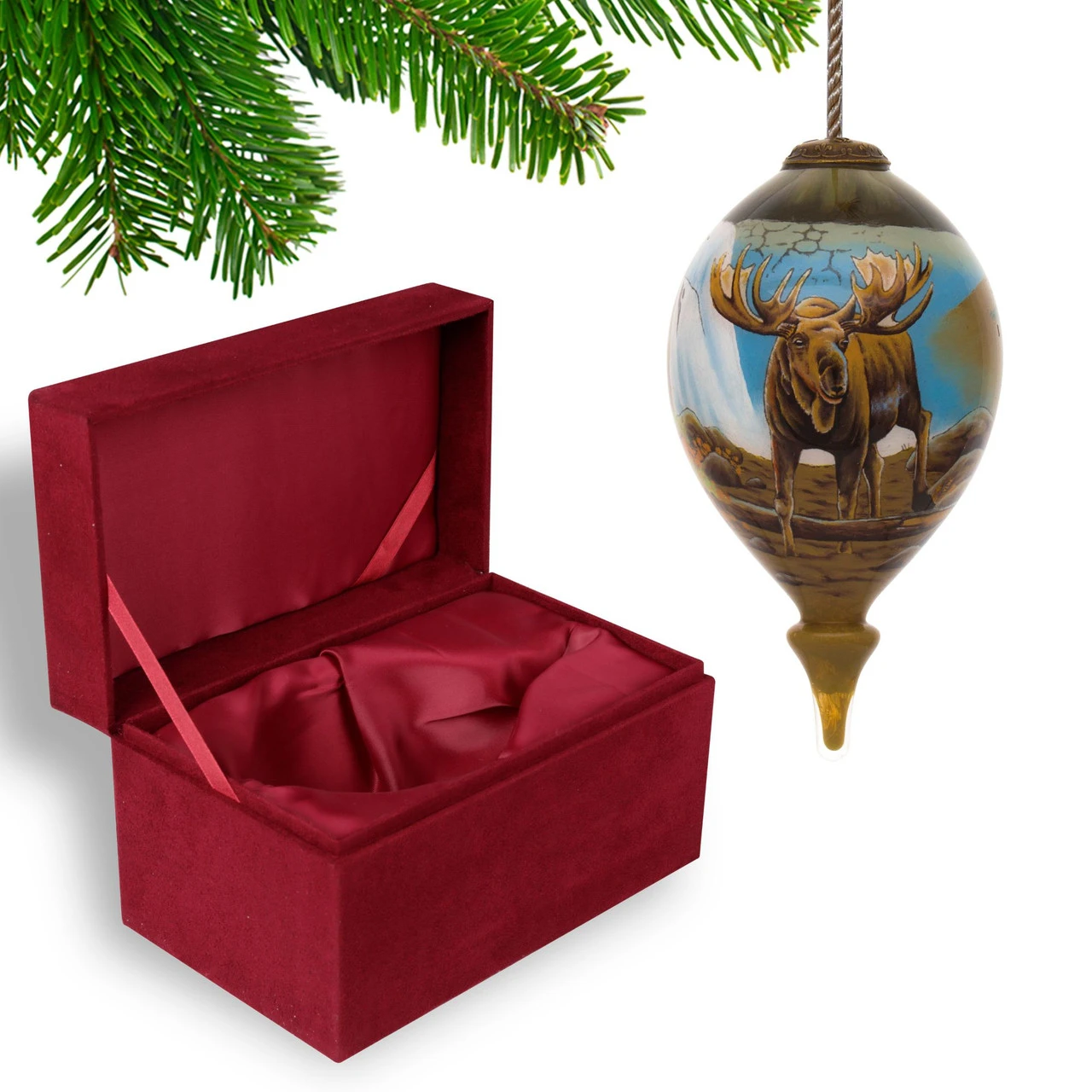 4.75” Brown And Blue Moose Hand Painted Mouth Blown Glass Hanging Christmas Ornament - Image 4