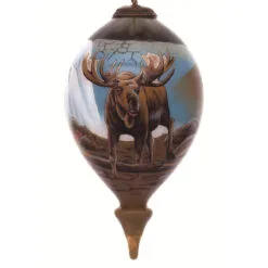 4.75” Brown And Blue Moose Hand Painted Mouth Blown Glass Hanging Christmas Ornament