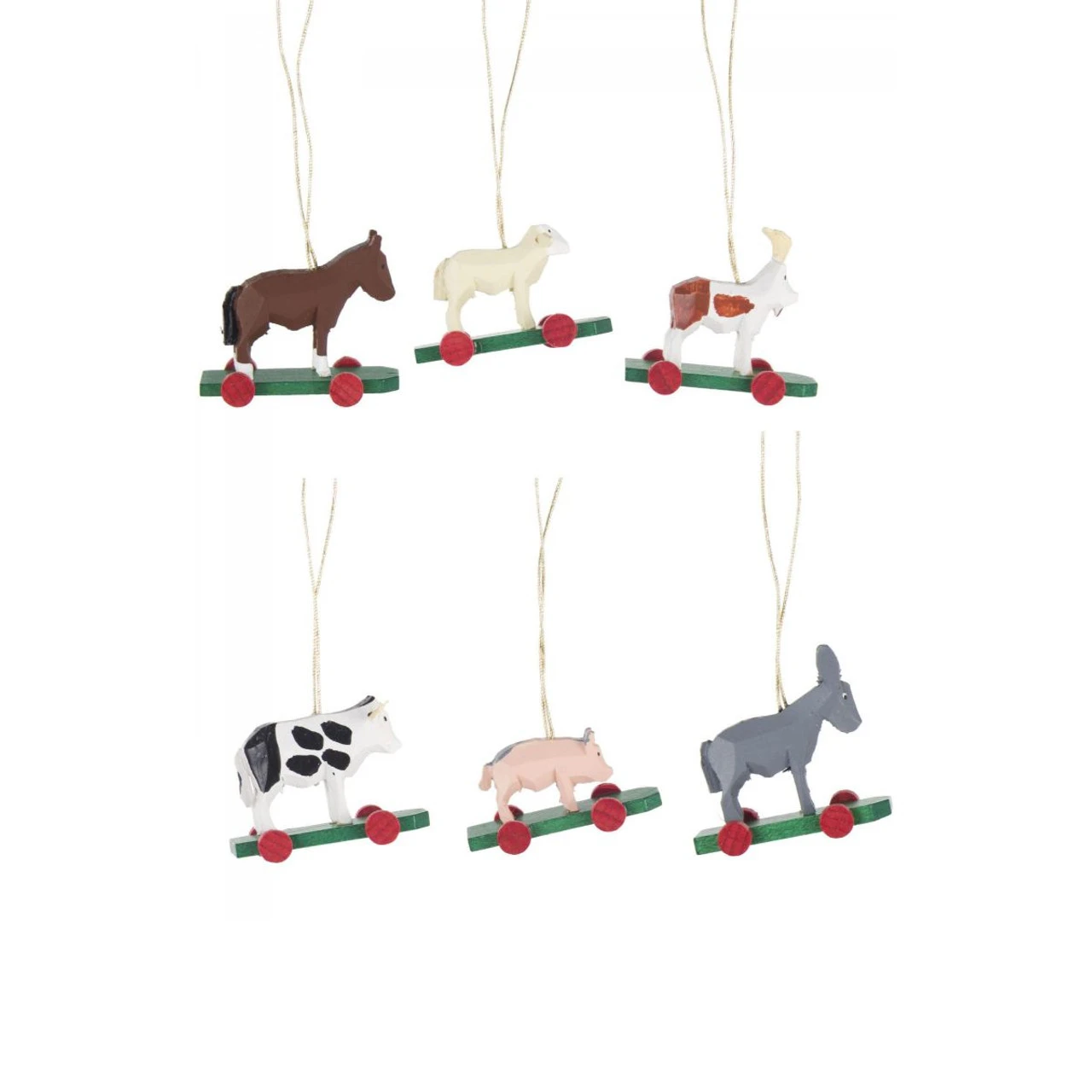 Set Of 6 Red, Green, And Brown Handcrafted Farm Animal Dregeno Easter Ornaments, 1.5"