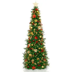7.5' Pre-Lit Gold And Red Artificial Christmas Tree – Clear LED Lights
