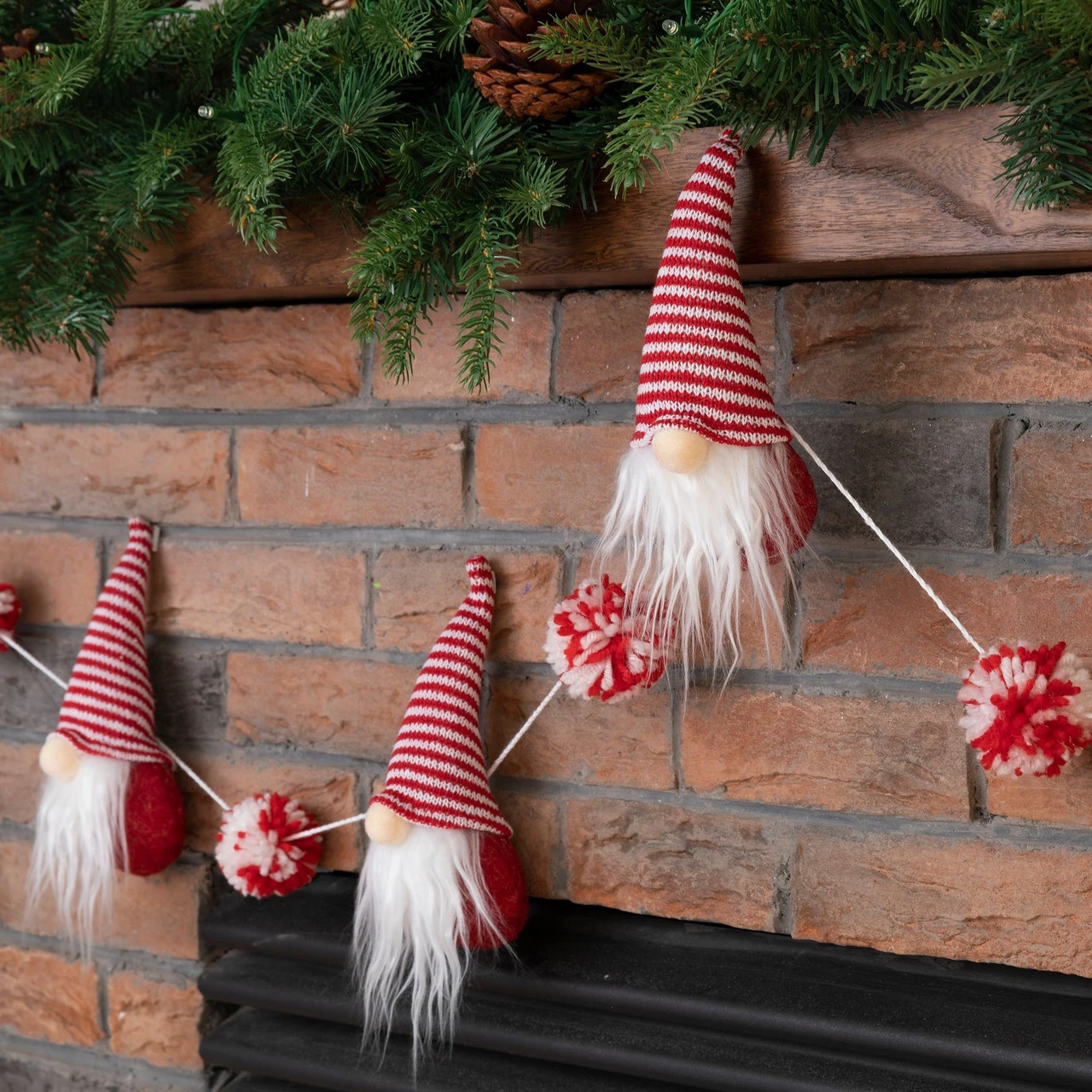 6' Red And White Striped Christmas Gnomes Garland - Image 6