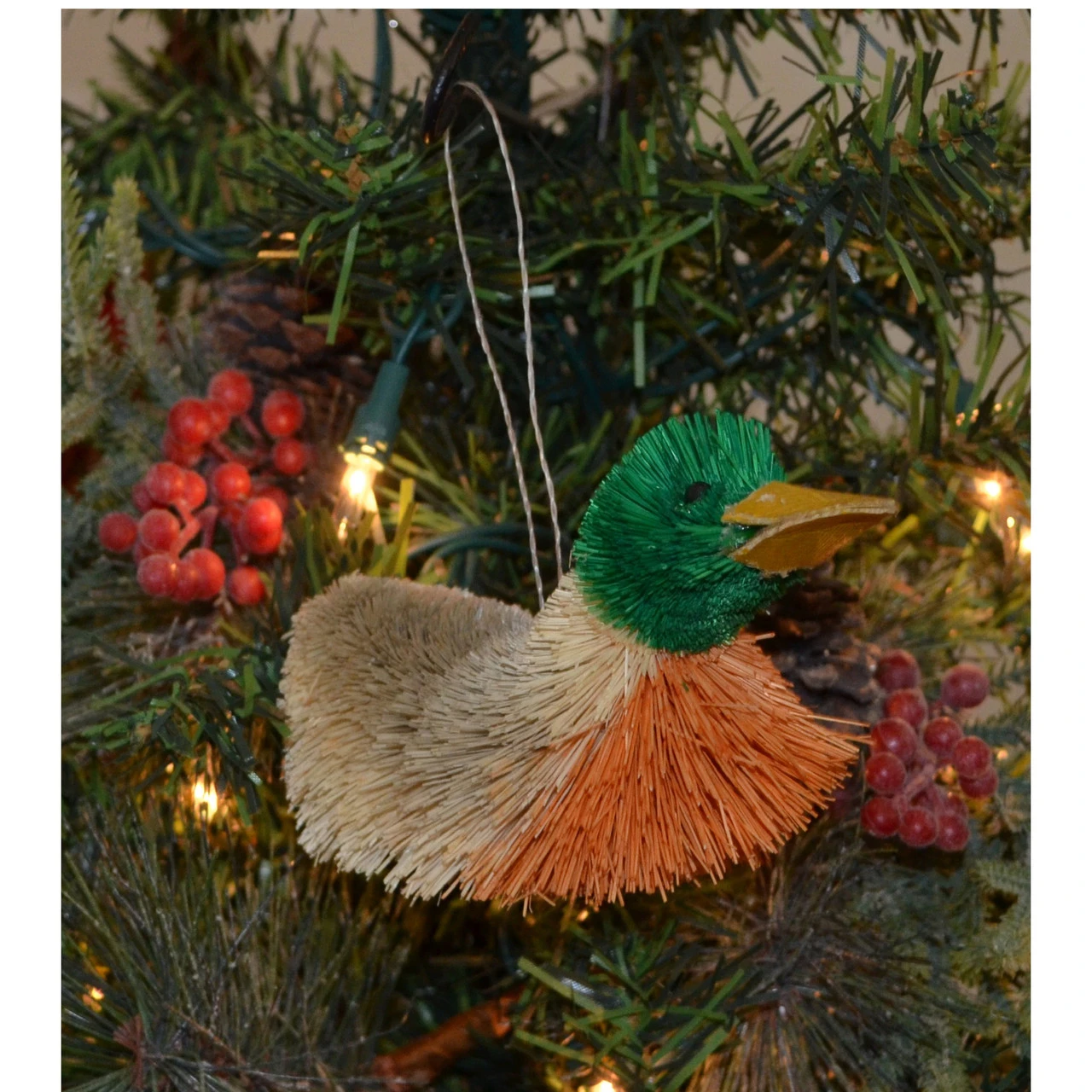5” Beige And Green Bristle Brush Handcrafted Mallard Hanging Figurine Ornament - Image 2