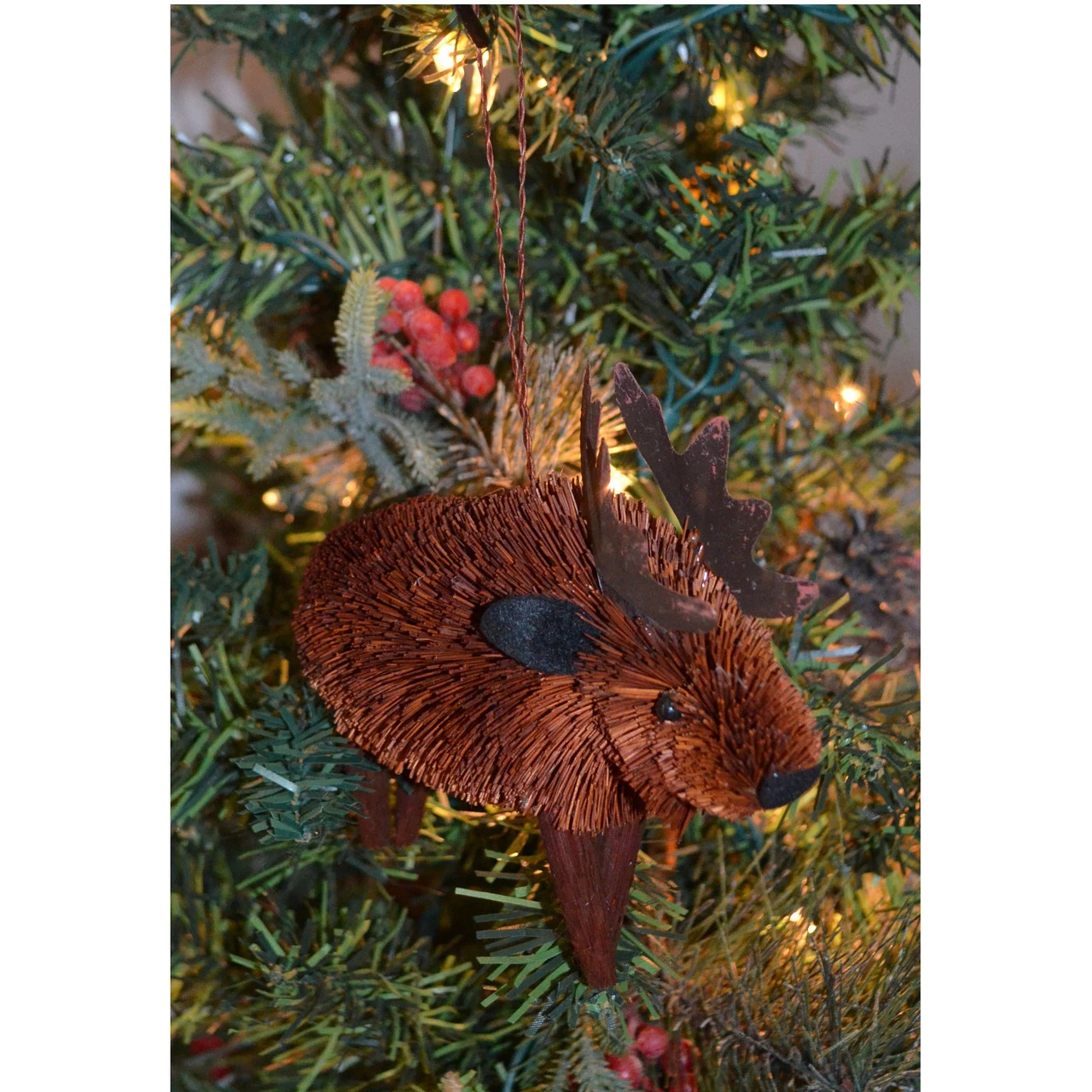 6” Brown And Black Bristle Brush Handcrafted Moose Hanging Figurine Ornament - Image 2