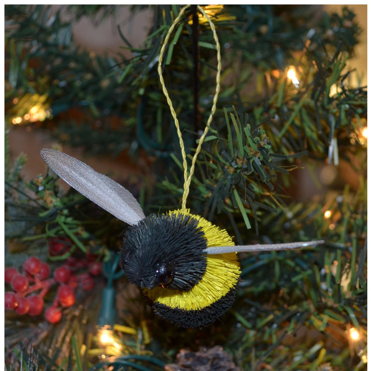 4.5” Black And Yellow Bristle Brush Handcrafted Bumble Bee Hanging Figurine Ornament - Image 2