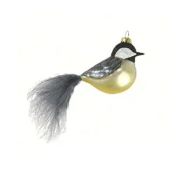 5.63" Gray And Gold Chickadee Bird With Feather Tail Hand Blown Glass Hanging Figurine Ornament