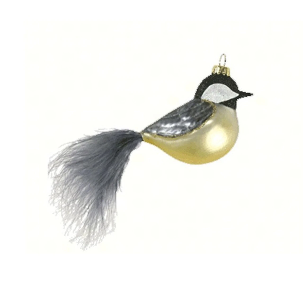 5.63" Gray And Gold Chickadee Bird With Feather Tail Hand Blown Glass Hanging Figurine Ornament