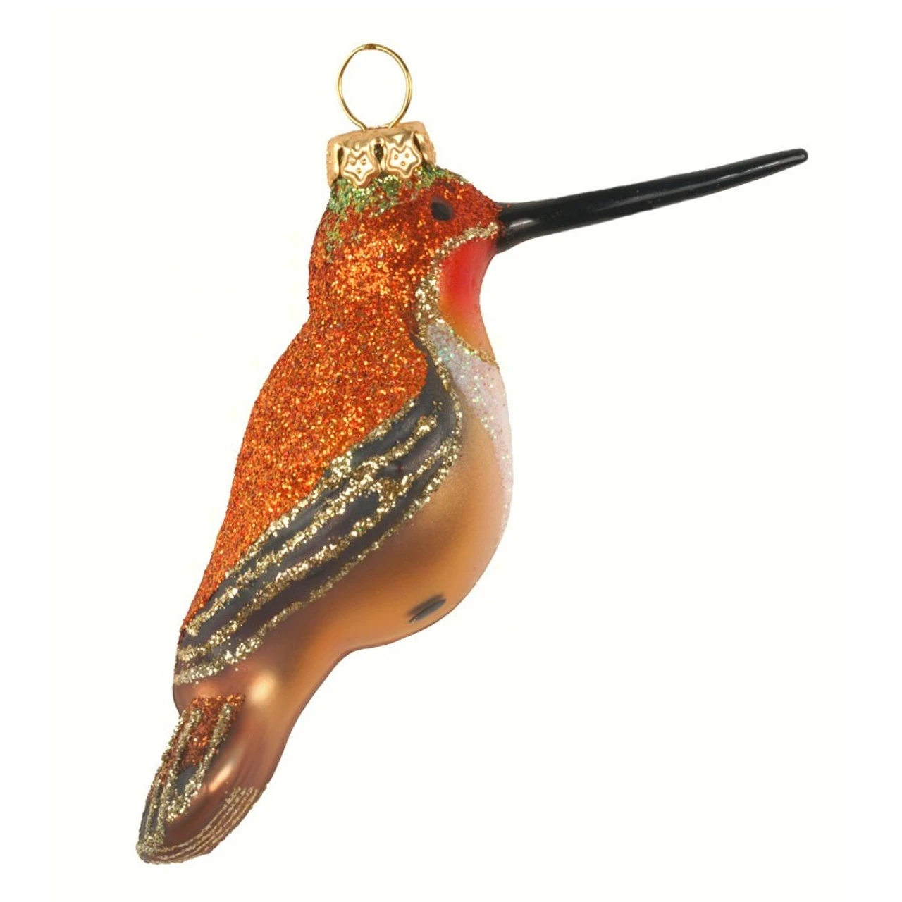 4” Orange And Gold Rufous Hummingbird Hand Blown Glass Hanging Figurine Ornament