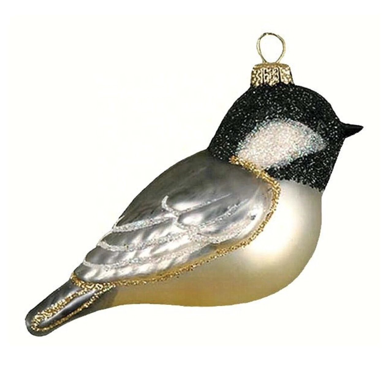 3.5” Silver And Black Capped Chickadee Hand Blown Glass Hanging Figurine Ornament