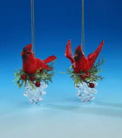 Set Of 4 Red And Green Cardinal Pine Cone Ornaments 3.25"