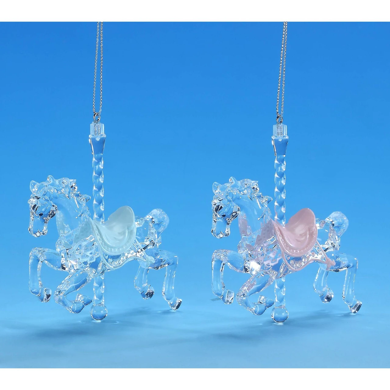 Set Of 8 Clear And Blue Carousel Horse Hanging Christmas Ornaments 9"