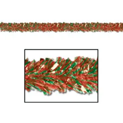 Club Pack Of 12 Festive Red & Green Foil Tinsel 6-Ply Christmas Garlands 15' - Unlit