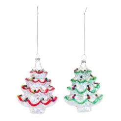 Set Of 12 Red And Green Lighted Christmas Tree Glass Ornaments 5.25"
