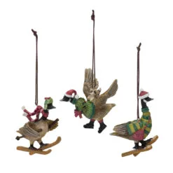 Set Of 3 Brown And Green Christmas Goose Ornaments 4"