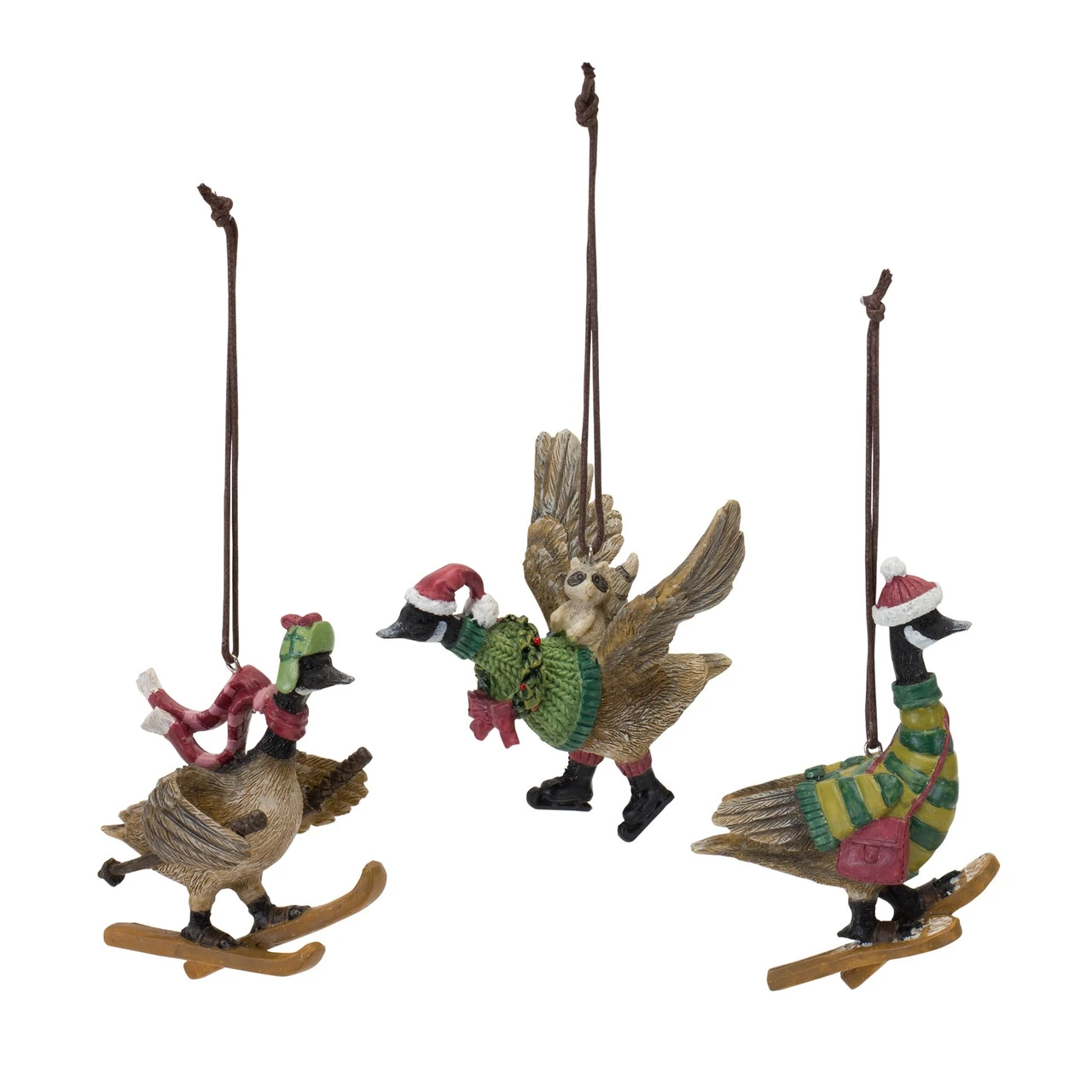 Set Of 3 Brown And Green Christmas Goose Ornaments 4"