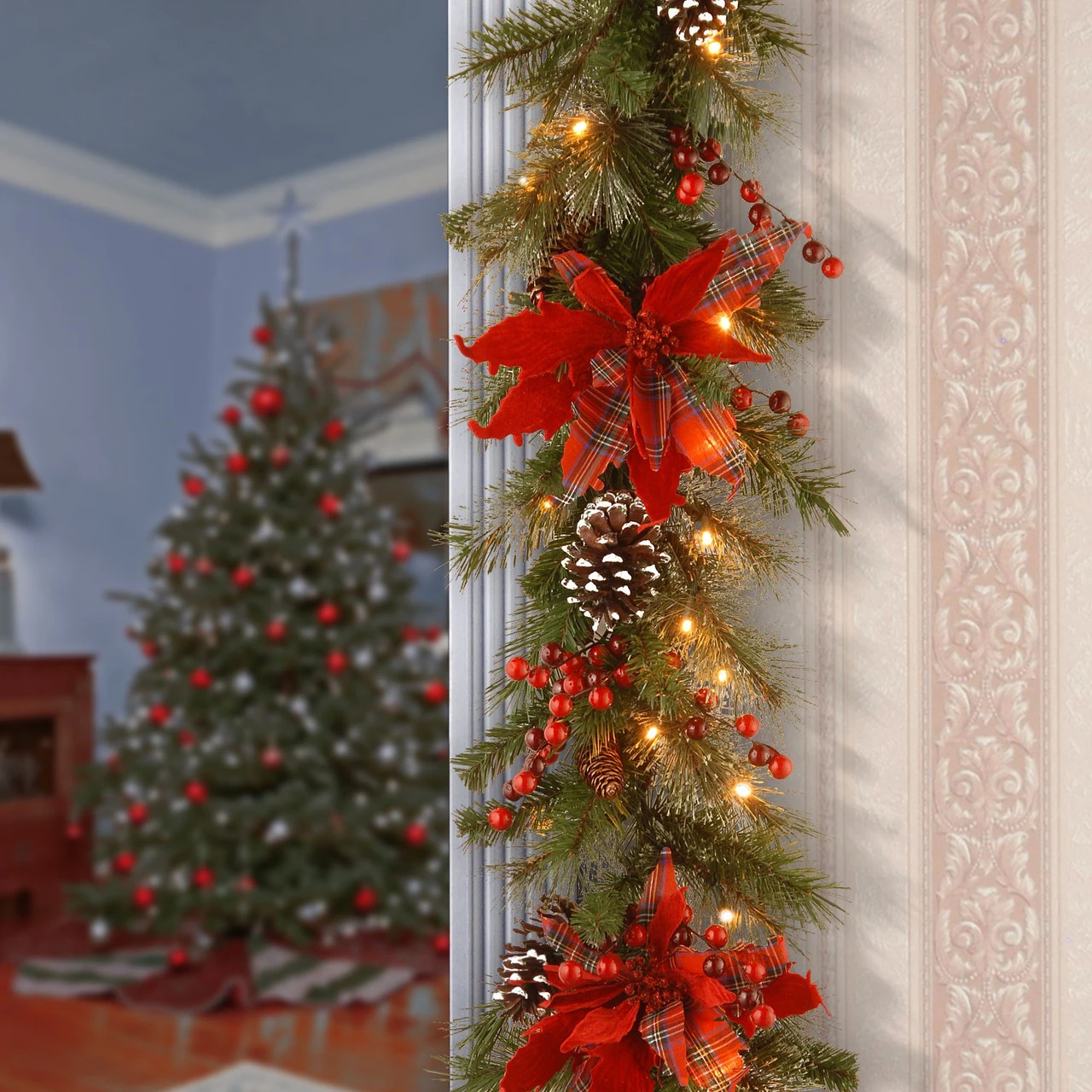 9' X 12" Pre-Lit B/O LED Tartan Plaid Artificial Christmas Garland – Warm White Lights - Image 2